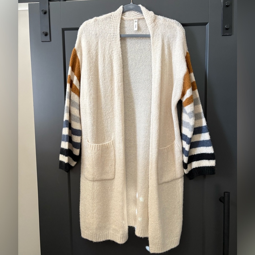 Wishlist Long Cream Cardigan with Striped Sleeves